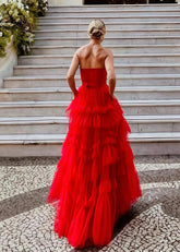 Hazel | A Line Red Strapless Corset Tulle Formal Dress Ruffle - Red - PromDressClub